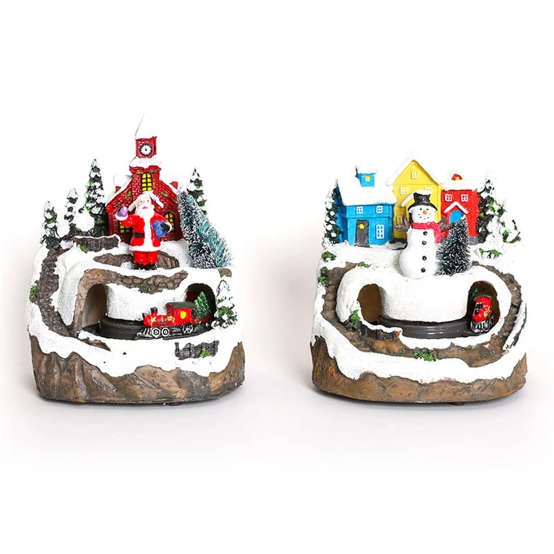 

Train Village House LED Lights Landscape Resin Desktop Ornament Snow Figurines