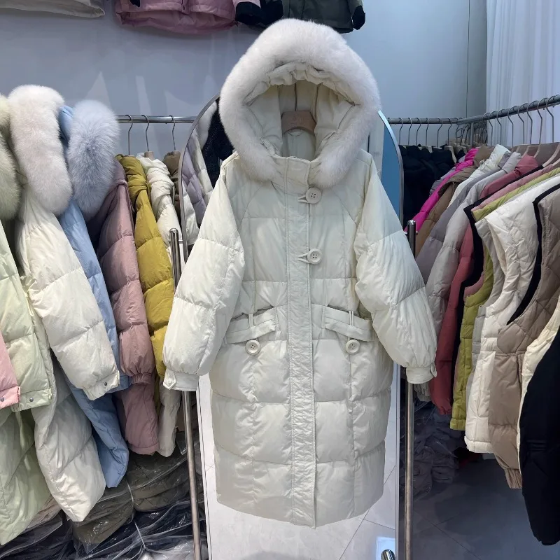 Зимний пуховик средний и длинный воротник из лисьего меха с капюшоном толстым