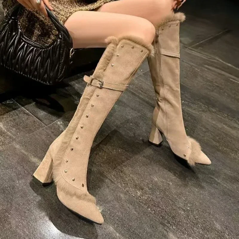 Элегантные женские высокие сапоги на меху замшевые туфли до колена высоком