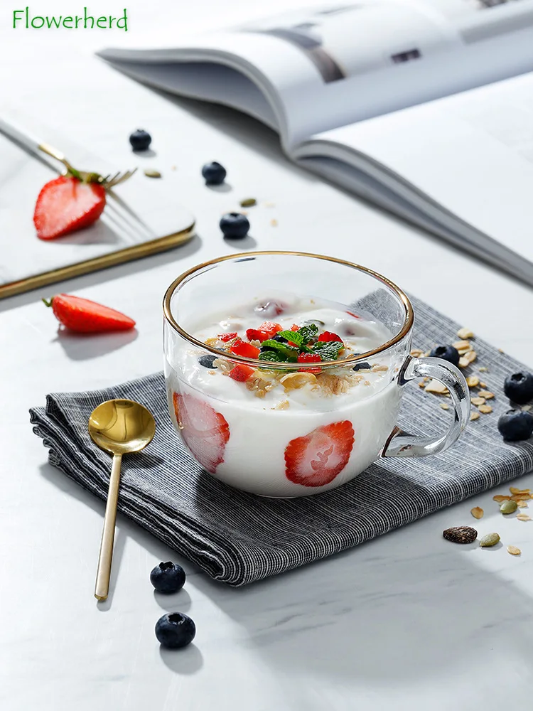 Стеклянная кофейная чашка с ручкой короткая кружка ложкой пузырьковая для