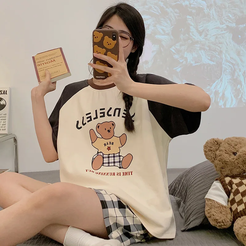 Summer Pajamas Sets Women's Short Sleeve Pants Pajamas Sets Cool Cotton Sleepwear Cute Cartoon Home Wear Clothes Suit Loungewear