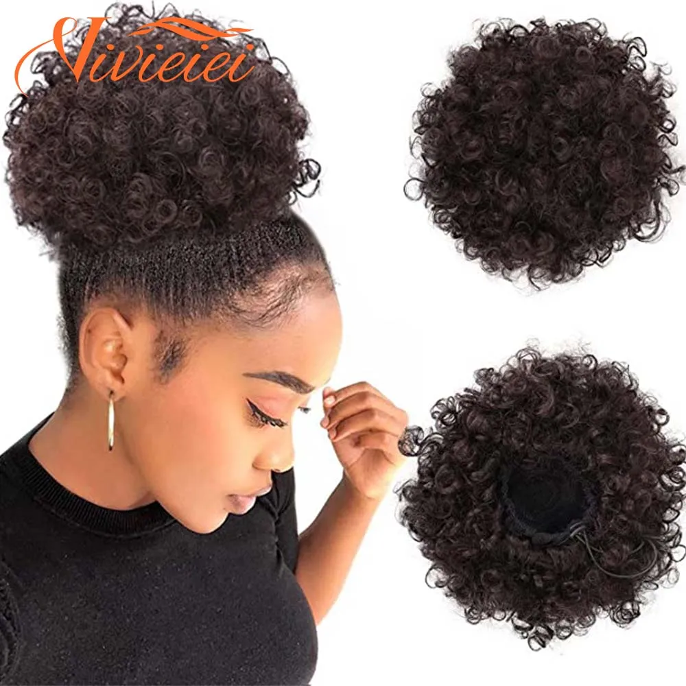 Synthetic Short Afro Puff Hair Bun Ponytail Kinky Curly Hair Chignon Hairpieces Drawstring Ponytail Hair Extensions for Kids