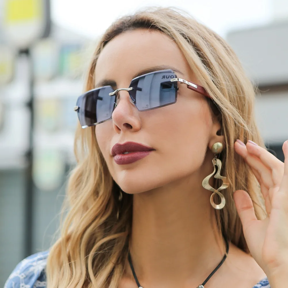 

Vintage Rimless Men Women Vintage Metal Frame Sunglasses Fashion Wood Grain Tone Men Women Gafas de Sol UV400