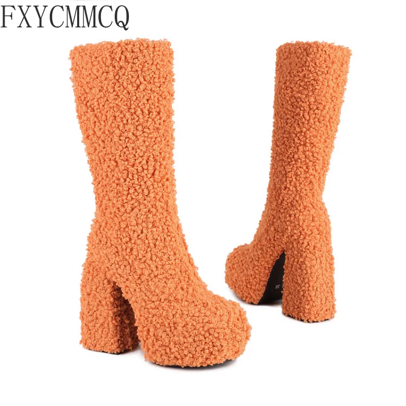 FXYCMMCQ 2022 New Ultra-high Heel Waterproof Platform Sheep Shearing Women's Boots Winter Windbreak Warm Boots 3-123