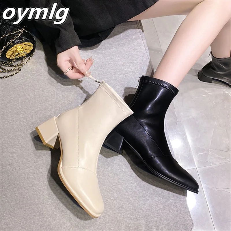 

Женские ботильоны на толстом каблуке, эластичные ботинки-трубы на среднем каблуке, с квадратным носком, на молнии сзади, модные кожаные боти...