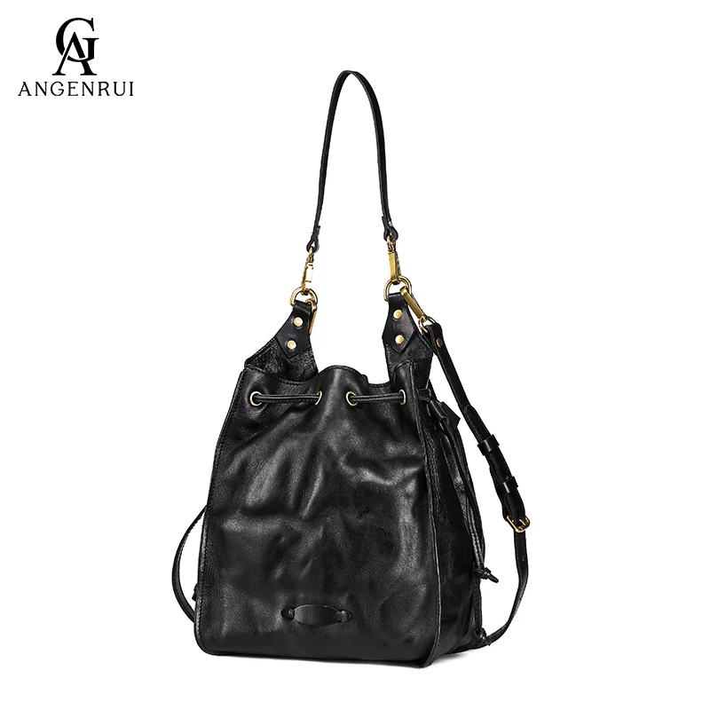 ANGENGRUI Ladies Shoulder Bag First Layer Leather Vintage Style Bucket Bag Crossbody Bag