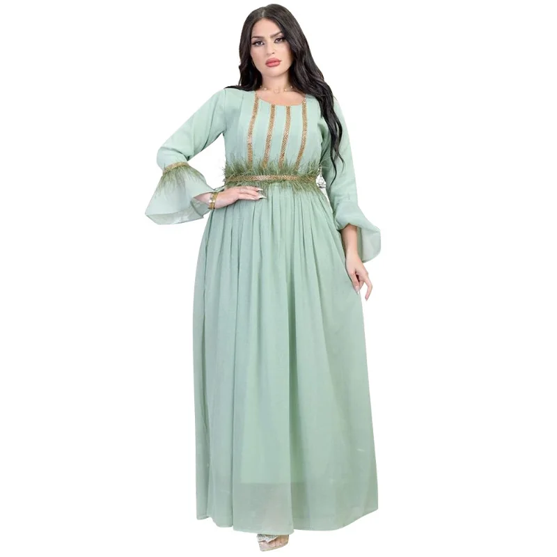 Abaya Dress Summer Elegant Muslim Women Long Sleeve O-neck Blue Pink Green Polyester Long Abaya Muslim Fashion Dresses
