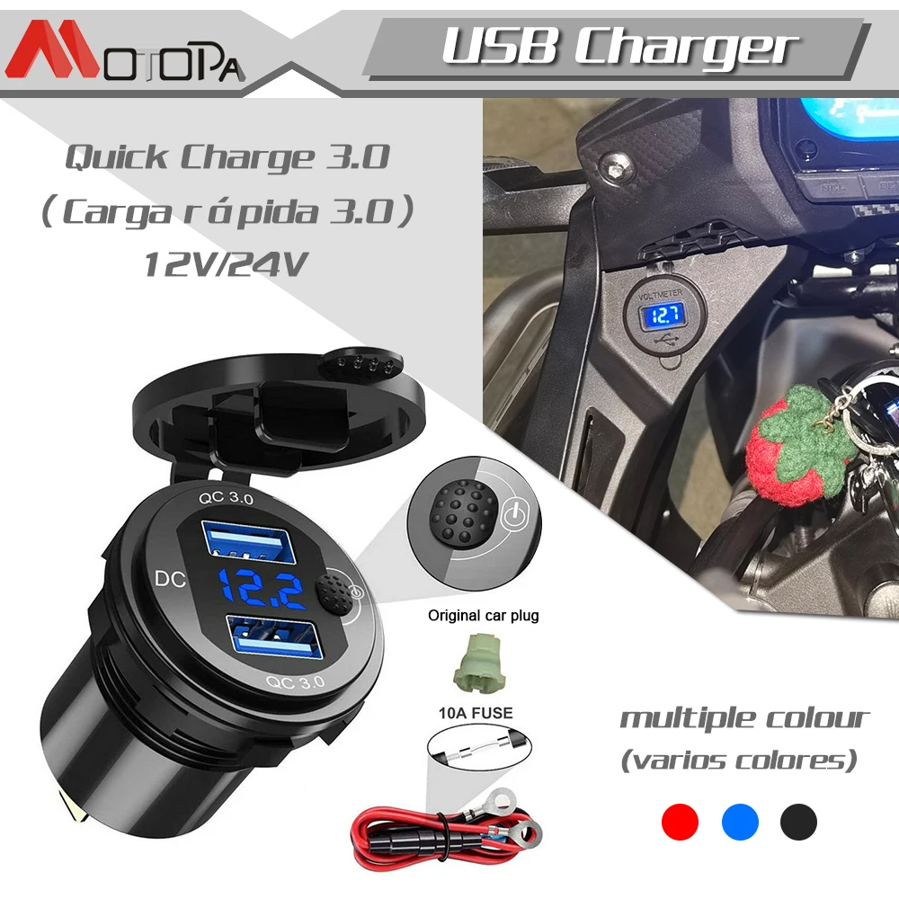 

NEW USB Car Motorcycle Cigarette Lighter QC 3.0 Dual USB Charger 12V-24V Moto Cigarette Lighter Sockets Power Plug Outlet LED
