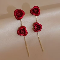 fashion red rose flower earrings for women luxury 2022 trendy party wedding with tassel dangling