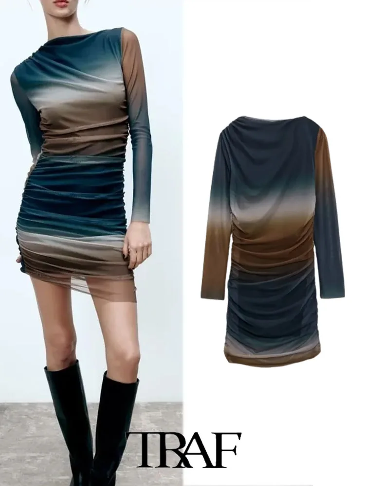 

TRAF 2022 Women Dress Vintage New Fashion Printed Long Sleeve Silk Screen Mini Dress Woman Lady Female Dress