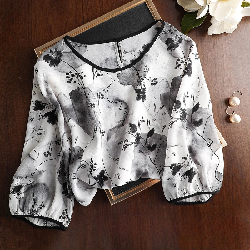

Silk Flower T-shirt Ladies Summer 2023 New Printed Loose Tees Short Sleeves Satin Top Korean O-neck Ladies Clothing YCMYUNYAN