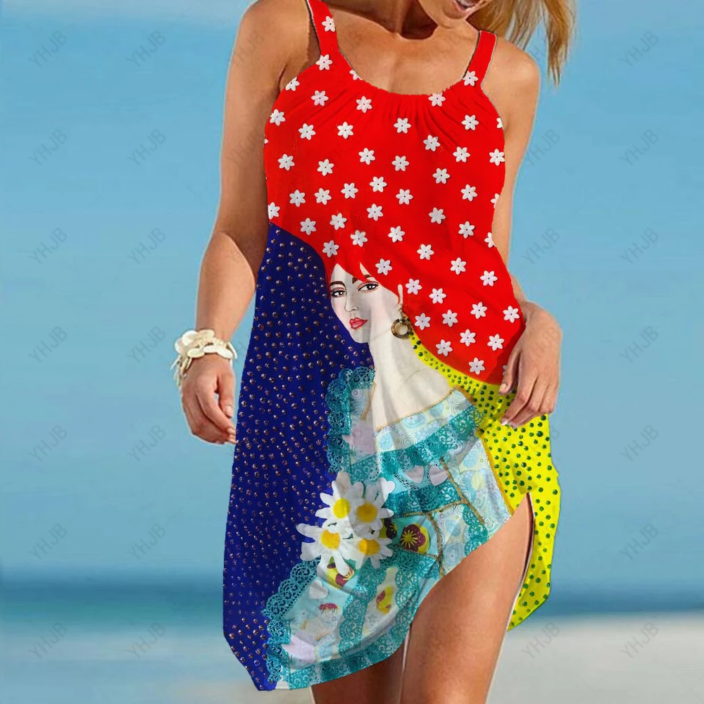 

Women Abstract Art Print Dress Women Summer Beach Dresses Casual Bohemian Sleeveless Elegant Female Clothing Sexy Skirt Vintage