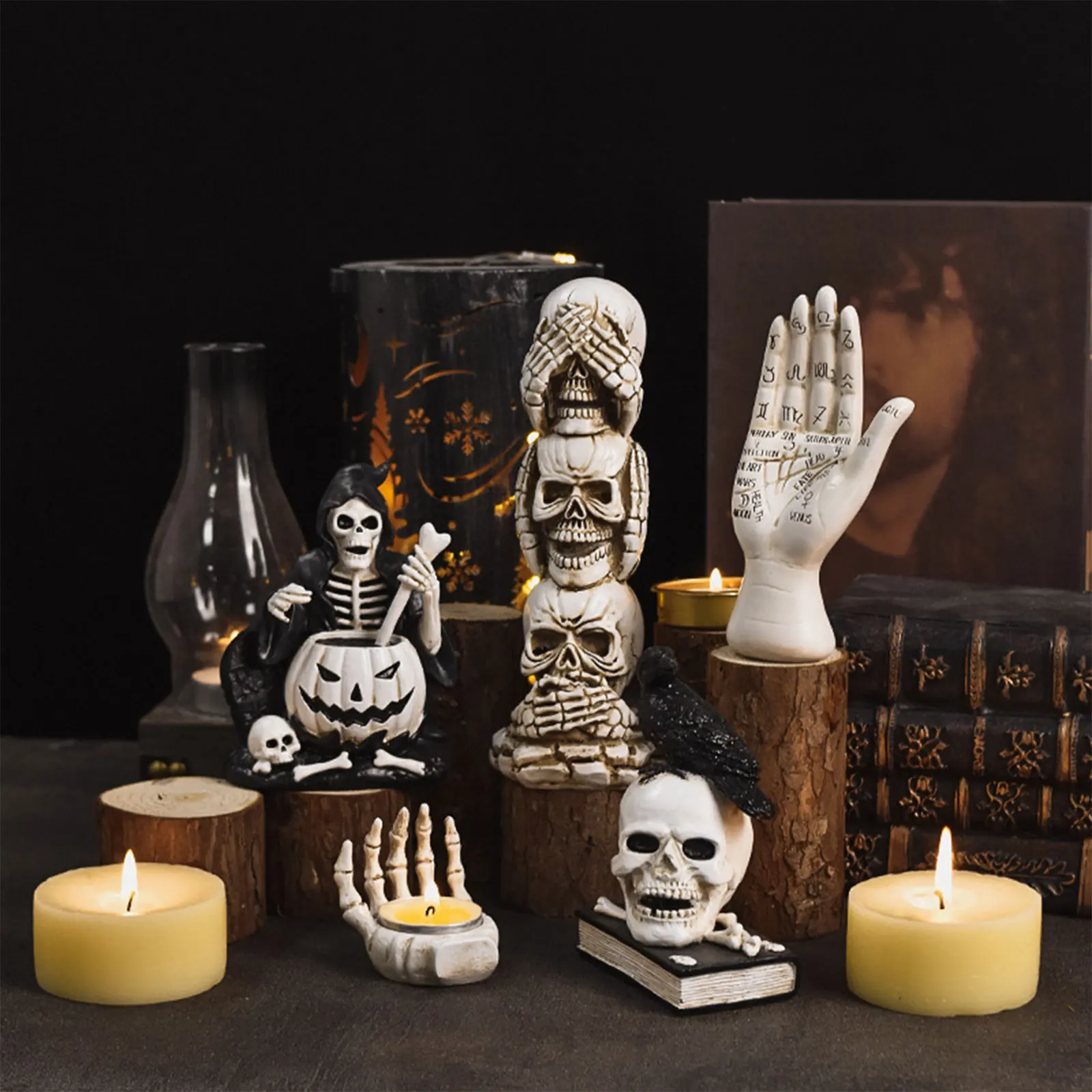 

Halloween Skulls Decor Realistic Looking Skull Human Skeleton Head Skull Bar Home Table Horror Decoration Candle Holder Ornament