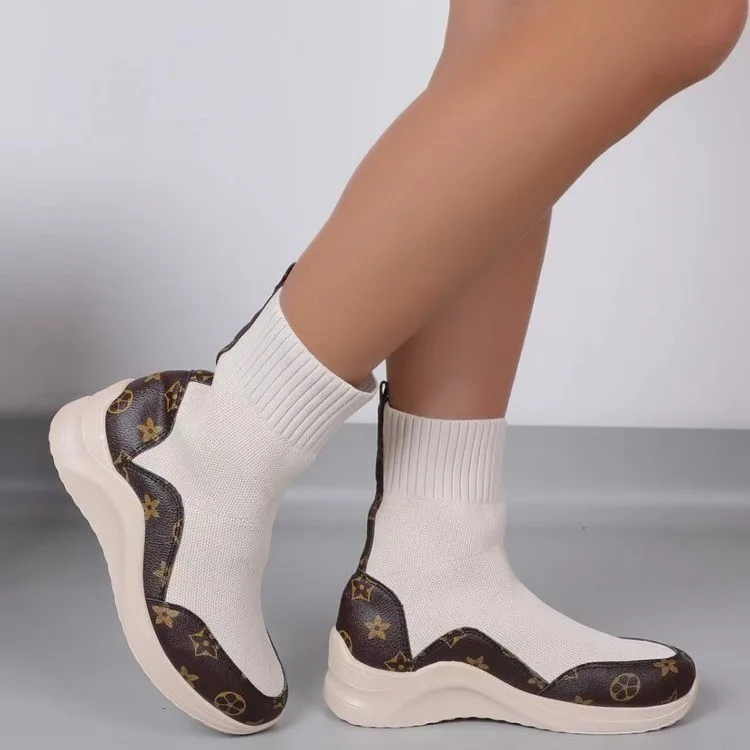

autumn new large size fly woven thick bottom women's printed color matching fabric breathable medium tube women's boots