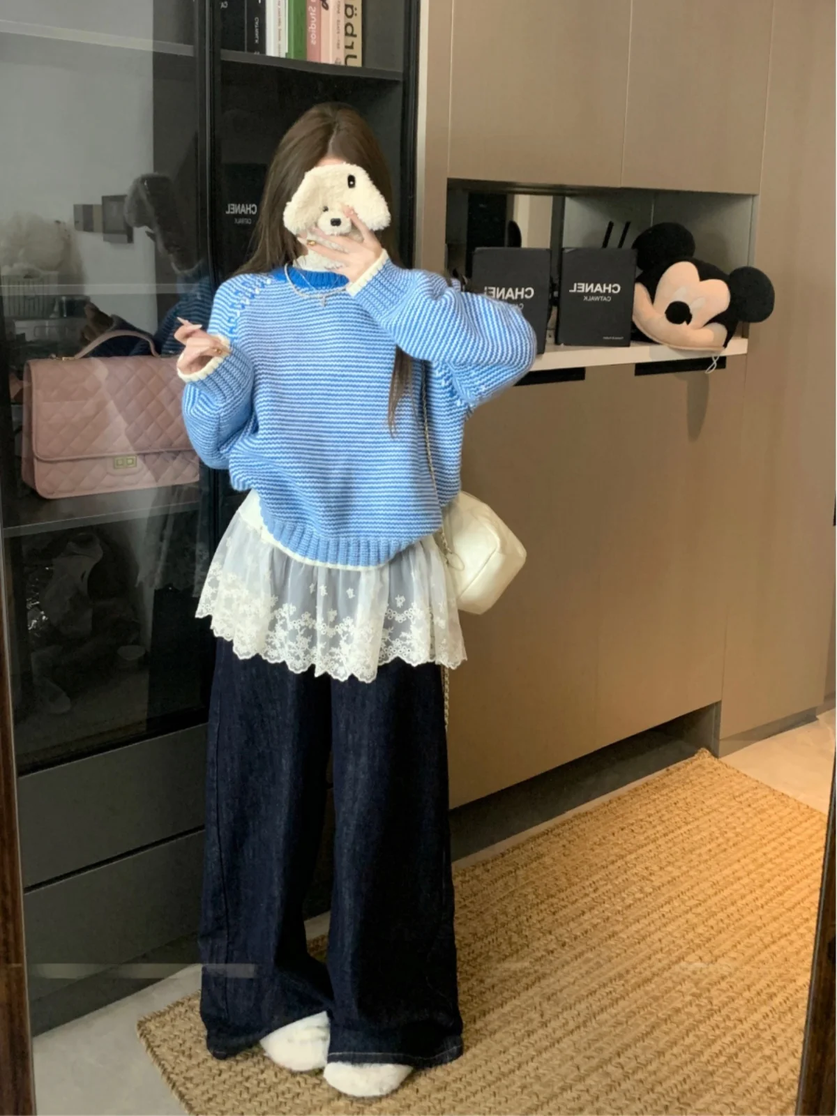 Популярный дизайн корейский свитер в синюю полоску женский зимний 2024 новый