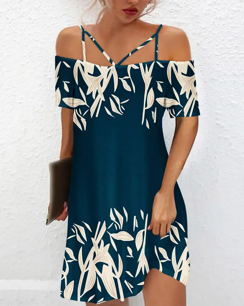 

Summer Woman Chic Plants Print Cold Shoulder Cutout Casual Short Sleeve Mini Dress