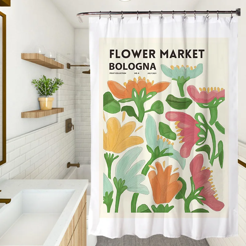 

Fresh Colourful Floral Shower Curtain Waterproof Fabric Simple Flowers Plants Art Painting Bathroom Shower Curtains with Hooks