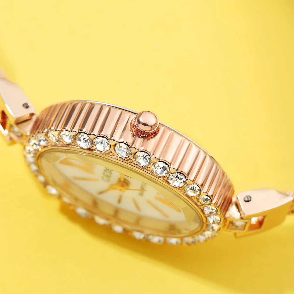 GEDI Luxury Oval Full Diamond Ladies Watches Waterproof Fashion Rose Gold Stainless Steel Bracelet Watch for Women Quartz Clock