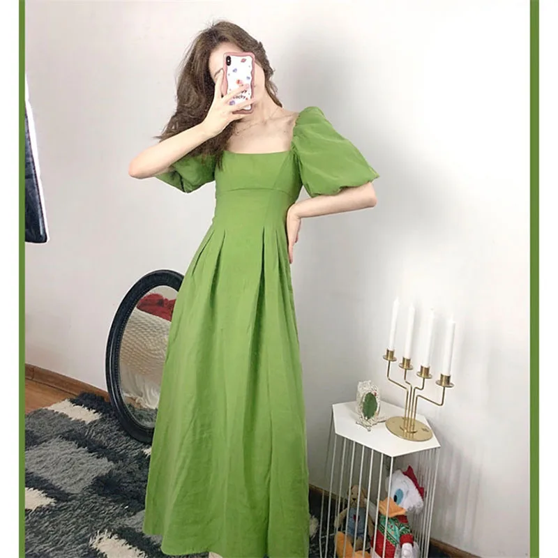 

Avocado Green Dress Women's 2022 New Summer French Bellflower Long Dresses Female Fashion Retro Design Sense Waist Thin Dresses