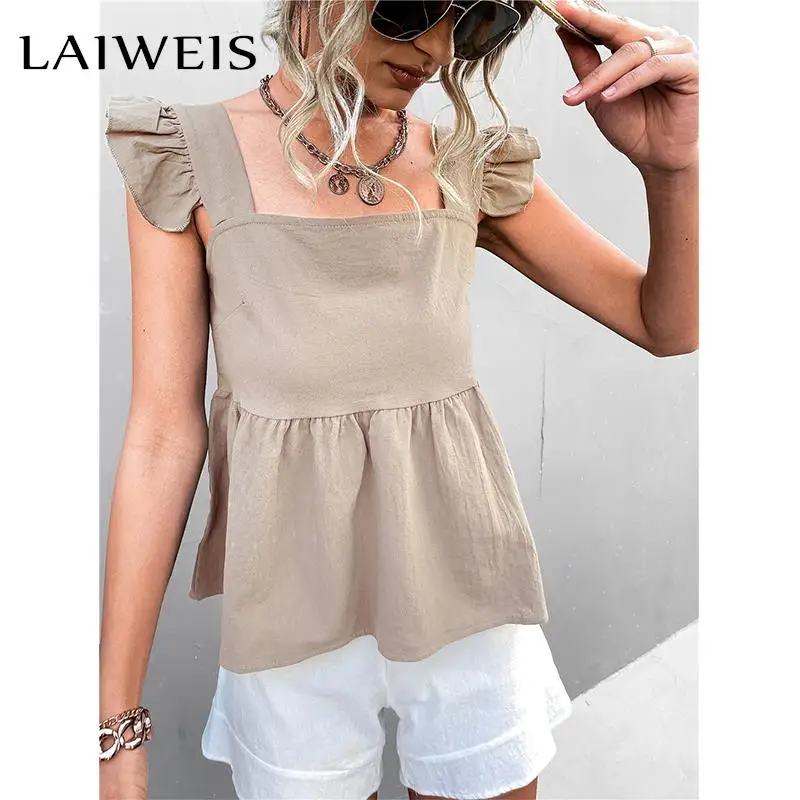 

Женская Однотонная рубашка без рукавов, элегантная льняная блузка с оборками, Повседневная Свободная блузка в стиле Харадзюку, уличная оде...