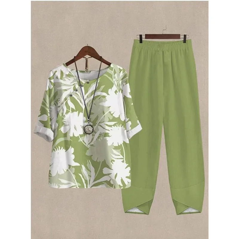

Summer Casual Two Piece Sets Women Loose O Neck Short Sleeve High Waist Pants Flower Print Outfits Ladies Elegant Vintage Suit