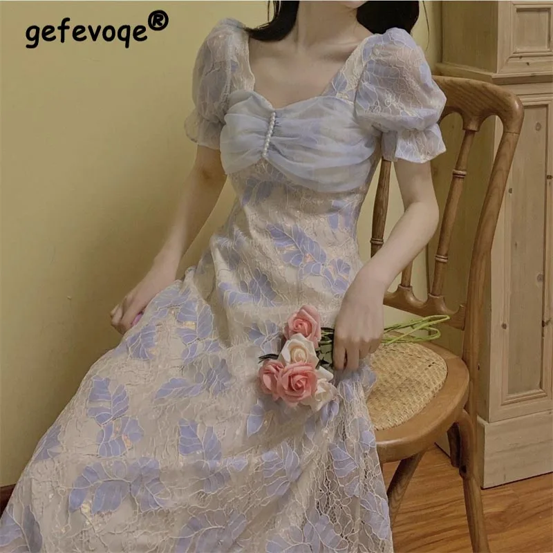 

Summer Mori Girl Style Fairy V Neck Puff Sleeves Mesh French Vintage Midi Dress Sweet Evening Party Elegant Dresses Korean Women