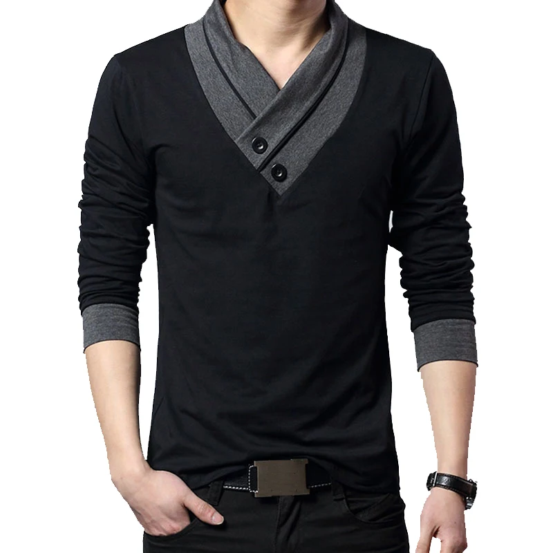 

7552 Trend Slim Fit Lange Mouw T-shirt Mannen Patchwork Kraag Tee V-hals Mannen T-shirt Katoenen T-shirts plus Size 5XL