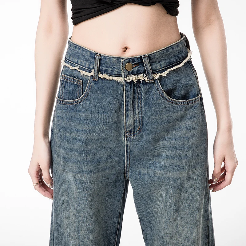 Fashion Versatile Straight Trousers Light Color Jeans Women'S Spring Summer New High-Waisted Color Contrast Wide Leg Pants