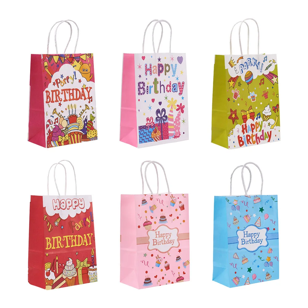 

18Pcs Cartoon Pattern With Word Happy Birthday Kraft Paper Bags With Handle For Gift Packaging Birthday Themed Decors Supplies