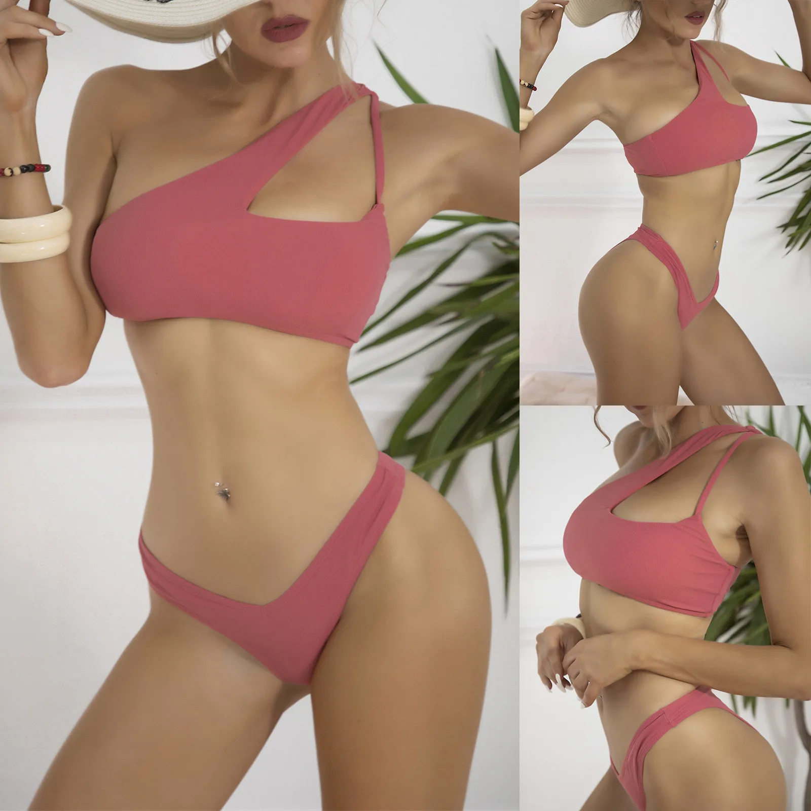 

Модный Купальник для женщин, однотонный повседневный комплект бикини, привлекательный раздельный купальник на одно плечо, Женский бандажн...