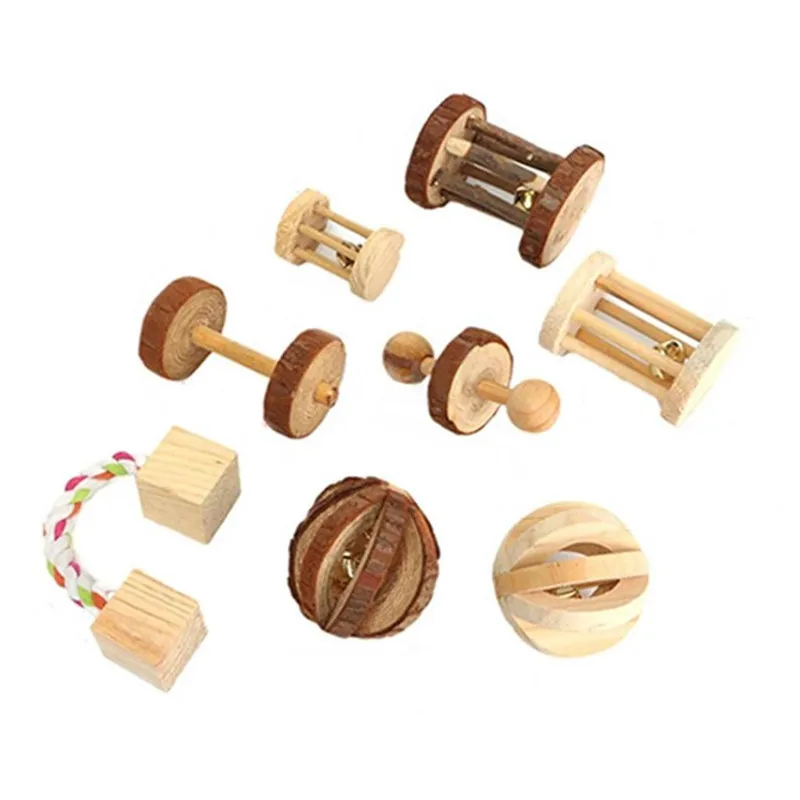 

Natural Wooden Rabbits Toys Pine Dumbells Unicycle Bell Roller Chew Toys for Guinea Pigs Rat Small Pet Molars Supplies for Cat