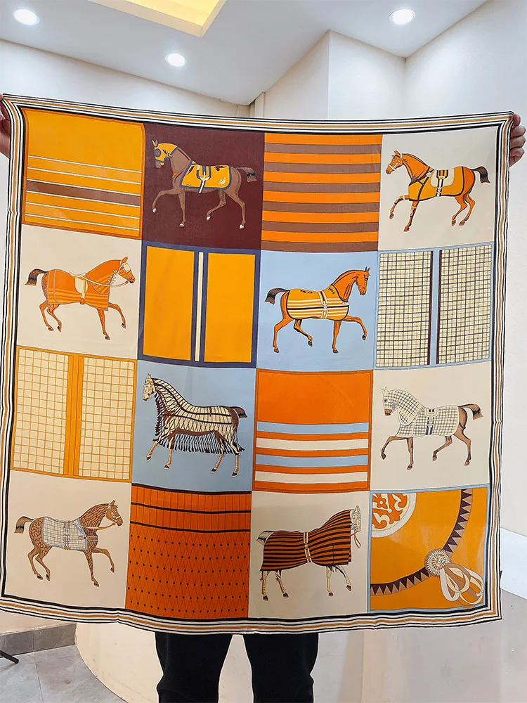 

Designer Horse Print Square Silk Scarf 100% Pure Mulberry Head Scarfs Satin Neckerchief Hair Wrap Female Foulard 110cm