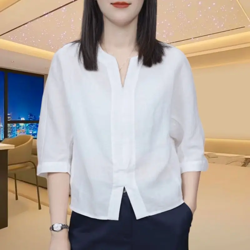 Женская рубашка из рами с рукавом и V-образным вырезом