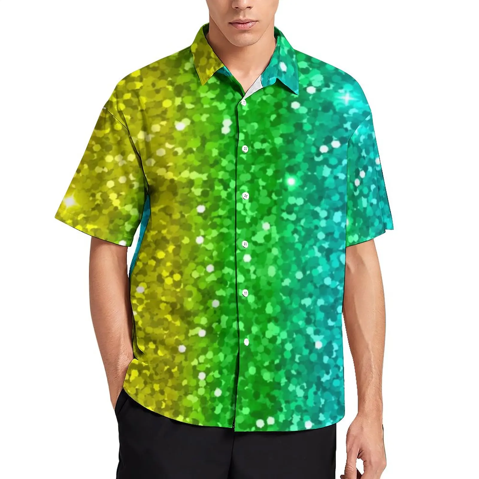 

Colorful Sparkle Shirt Beach Glittery Rainbow Casual Shirts Hawaiian Pattern Blouses Short Sleeve Street Style Oversized Clothes