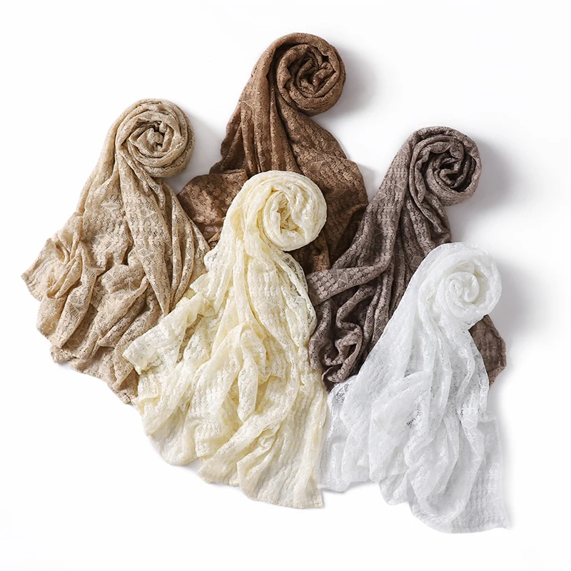 

70*160cm Women Scarf Cotton Lace Hijab Scarf Embroidery Headscarves Bandana Muslim Scarf Long Shawls Strechy Islam Turban Stole