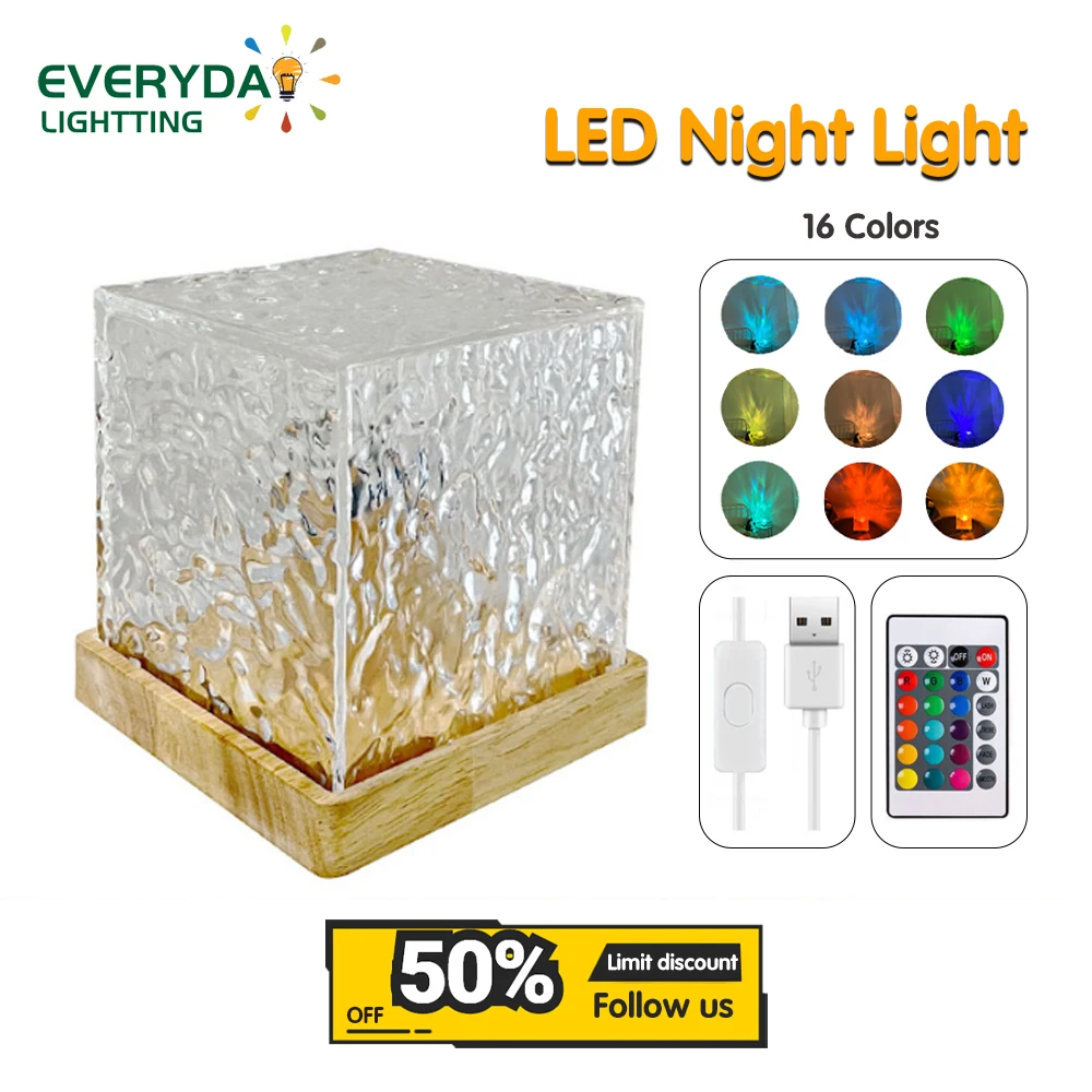 LED Rotating Water Ripple Night Light USB Square Acrylic Desk Lamp Suitable for Bedroom Atmosphere Light Desktop Decorative Lamp