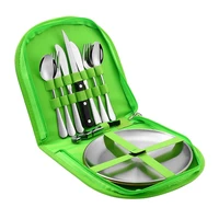 camping silverware cutlery organizer picnic eating utensils set with plate stainless steel spoon knife fork wine opener