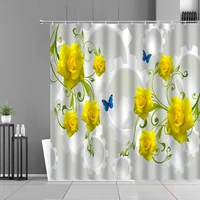 geometric flower shower curtain gold rose plant butterfly print waterproof polyester bath curtains bathroom decor with hooks