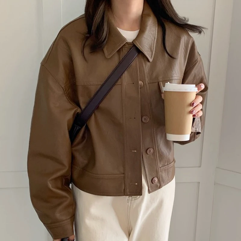 Casual Women's Leather Jacket Short Fashion Single Breasted Lapel Loose-fit Korean Style Elegant PU Leather Coats кожаная куртка