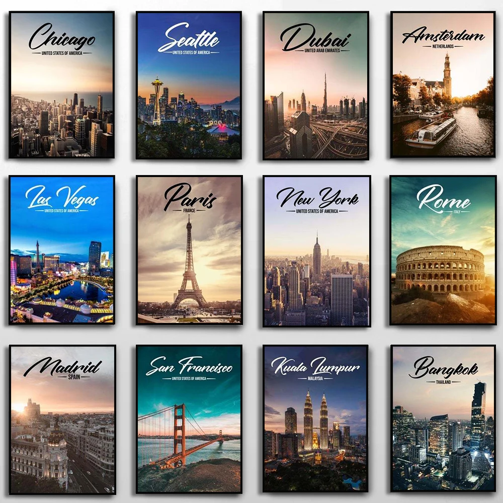 

World Famous Cities Posters London Paris New York Amsterdam Tokyo Dubai Landscape Canvas Painting Living Room Home Office Decor