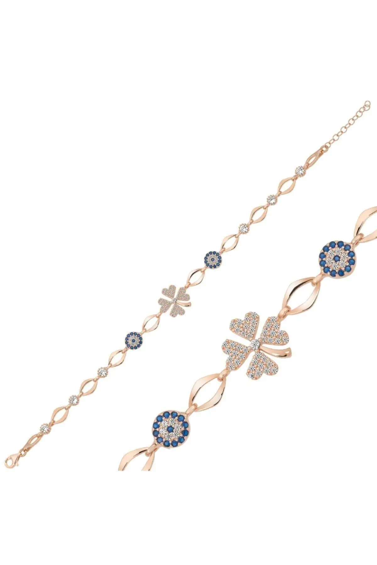 Серебряный Женский Браслет С Рисунком Клевера и синими бусинами |