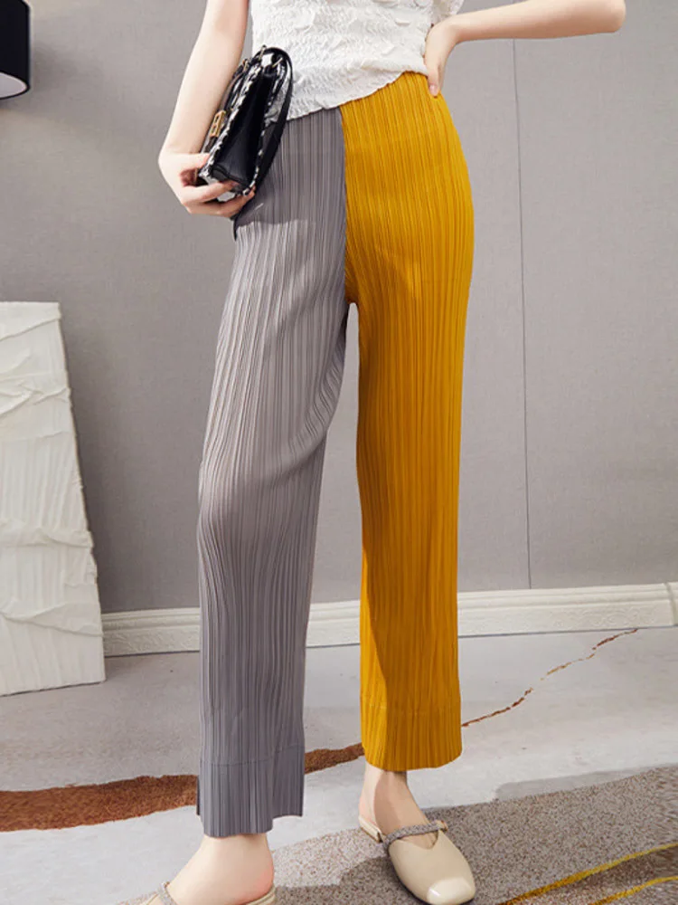 2022 Summer New Fashion Trend High Waist Patchwork Contrasting Colors Casual Loose Pleated Wide Leg Pants Women Thin