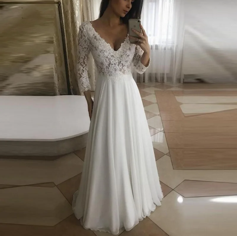 

Gorgeous V-Neck 3/4 Long Sleeve Ivory Sweep Train Chiffo A Line Lace Wedding Dress Bride Gown Vestidos De Novia With Beading