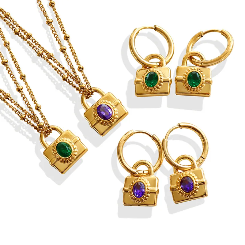 

Amaiyllis 18K Gold Vintage Light Luxury Zircon Inlaid Necklace Earrings Jewelry Set Fashion Niche Zircon Necklace Jewelry