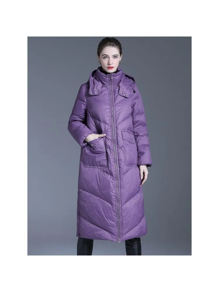 European Station 2022 Winter High End Long Thicked Warmer Black 90 White Duck Down Coats Women Loose Bread Cloth Jackets
