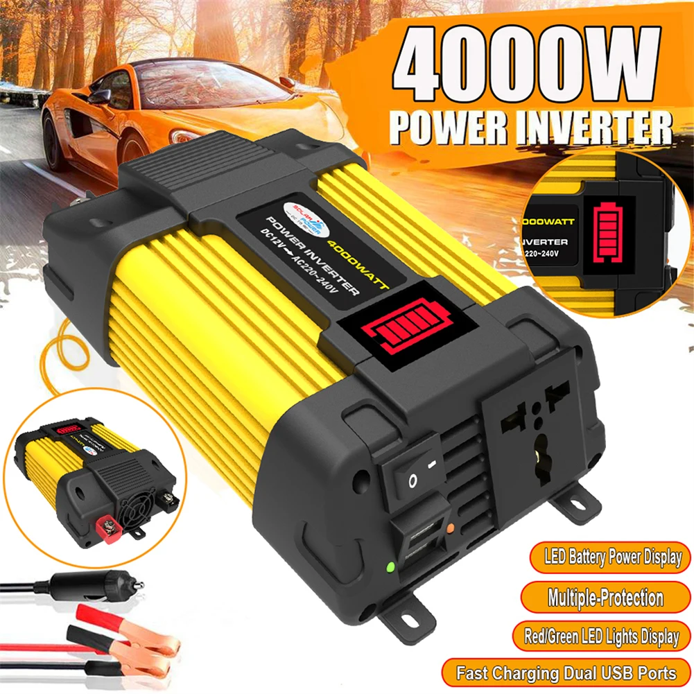 

300W Car Power Inverter 12V DC To 110V/220V AC Power Sine Wave Converter Transformer 2 USB Ports AC Outlet Battery Clip