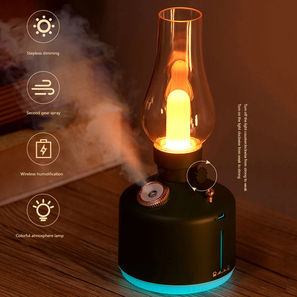 

2 In 1 Retro Lamp Air Humidifier 7 Color Lights Wireless USB Rechargeable Essential Oil Cool Mist Gift Bedroom Table Lamp