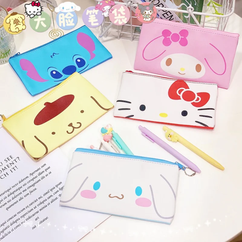 

Sanrio Hello Kitty Cute Cartoon Pen Bags Student PU Leather Zipper Anime Figures Storage Bag Kuromi Fashion Makeup Bag Girl Gift