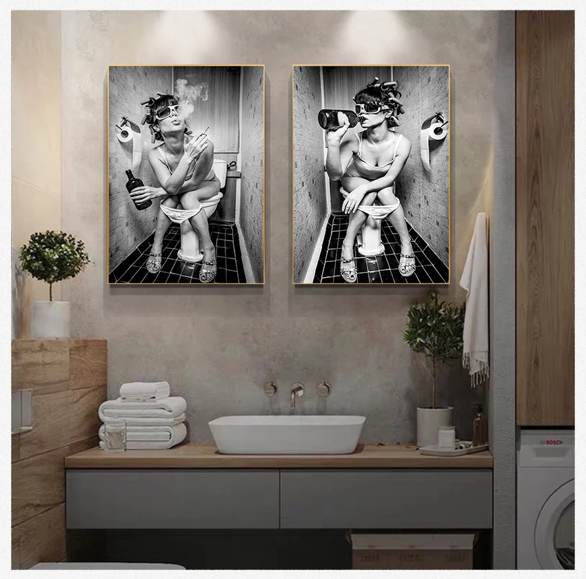 

And Drinking Bathroom Picture Poster Black And White Painting Toilet Sexy Woman Man Canvas Prints Bar Girl Smoking