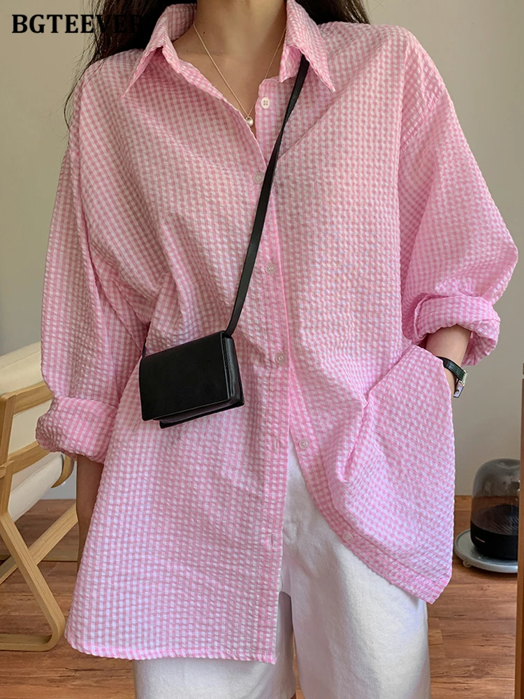 

BGTEEVER Spring Summer Lapel Women Plaid Shirts Full Sleeve Single-breasted Loose Female Blouses Casual Ladies Tops Blusas 2022